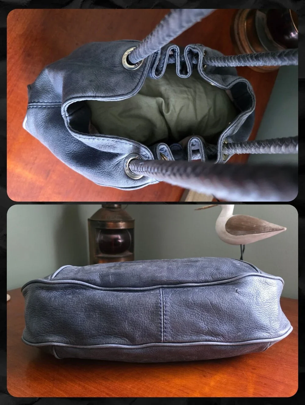 Michael Kors Large Slouchy Hobo Bag Slate Blue Pebbled Leather Braided Tassel
